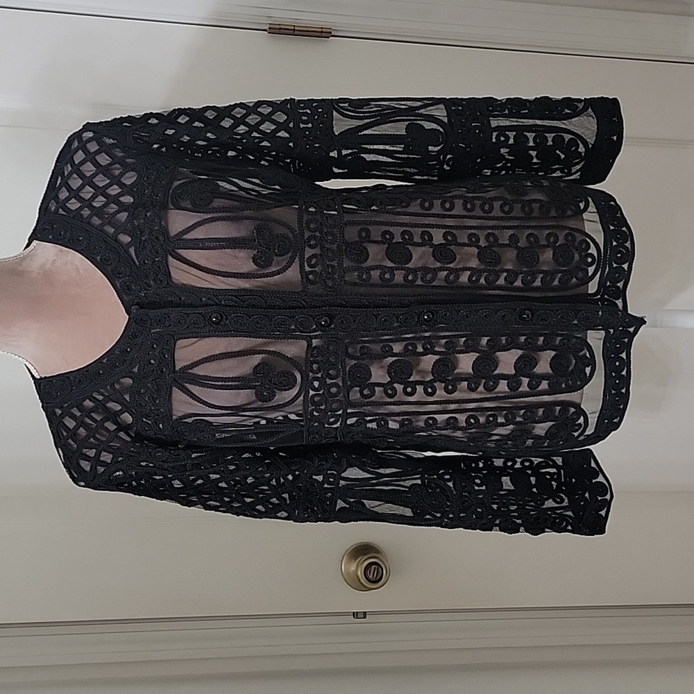 Jeannie, Black Sheer Embroidered Button Down Shacket, Size Unknown. Exc. Cond.
